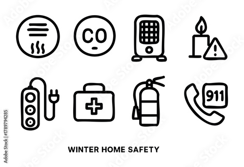 This visual guide highlights important winter home safety precautions. It features icons representing carbon monoxide, heating devices, candles, emergency contacts, and more to promote awareness and s