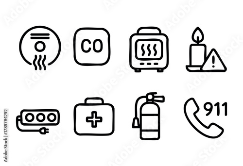 Various safety symbols represent essential items for emergency preparedness. These include a smoke detector, carbon monoxide detector, heater, candle, first aid kit, fire extinguisher, and emergency c