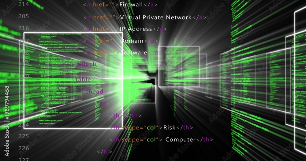 Fototapeta premium Showing central green-white tunnel and floating terminal windows in cyberspace, with HTML tags
