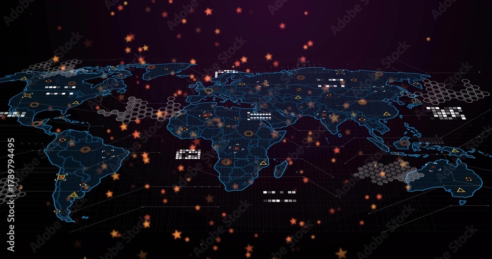Fototapeta premium Projecting holographic map with cyan outlines over 3D grid floor showing hex mesh nodes amber stars