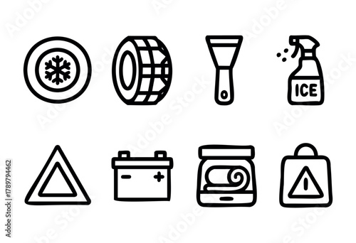 Various tools and symbols related to winter car maintenance are displayed. Items include a snowflake, tire, scraper, ice spray, warning triangle, battery, and more. These items emphasize safety during