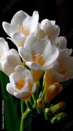 Beautiful freesia flowers with delicate petals and vibrant colors displayed in a dark setting with raindrops