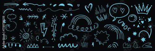 Hand drawn red pen strokes collection featuring doodle arrows, sparkles, and text underlines. Vector sketch style design elements perfect for educational templates, notebooks, creative typography, 