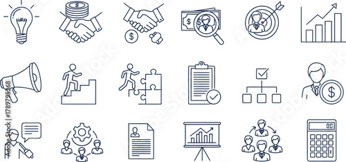 Business Thin Line Icon Set with Light Bulb, Handshake, Stairs, Teamwork and Chart