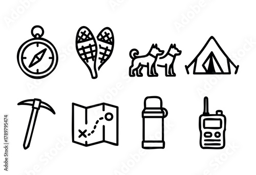 Essential tools for outdoor adventures include a compass, snowshoes, dogs, a tent, a map with a route, a thermos, and a walkie-talkie for communication and navigation.