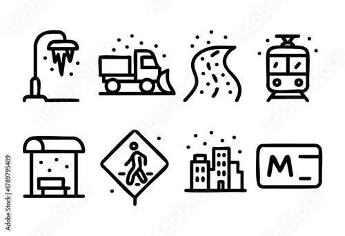 Various icons illustrate winter weather scenarios including snow, snowplows, and public transport. These symbols capture activities in an urban environment during snowy conditions.