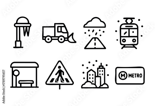 This illustration showcases a range of urban symbols depicting public transport, construction activity, and weather conditions. The icons represent a vibrant city life.