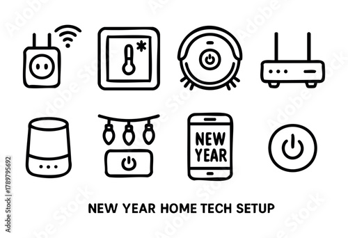 A creative arrangement showcases various smart home devices, including a thermostat, robot vacuum, and smart speaker, perfect for a New Year celebration.
