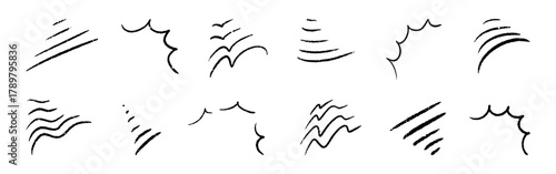 Hand drawn manga line effect element set. Anime emotion and movement doodle icons, comic speed lines, dynamic ink sketches for illustration and motion effects. Isolated vector collection