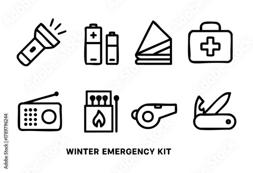 This collection features crucial tools for staying safe in winter emergencies, including a flashlight, batteries, a first aid kit, and more, all necessary for effective preparedness.