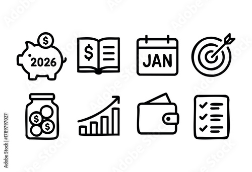 The artwork features various financial planning symbols including a piggy bank, a calendar, an open book, and more, illustrating strategies for budgeting and goal setting for 2026.