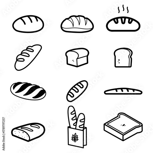 Icônes de pains variés. Baguette, boule, pain de mie et tranches