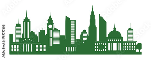 A simple green cityscape illustration placed on a white surface