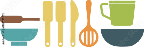 Simple icons of essential kitchen cooking utensils and food preparation equipment.