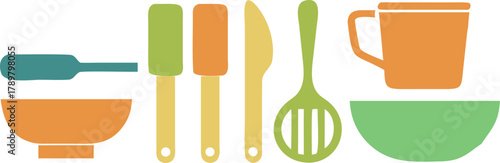 Simple icons of essential kitchen cooking utensils and food preparation equipment.