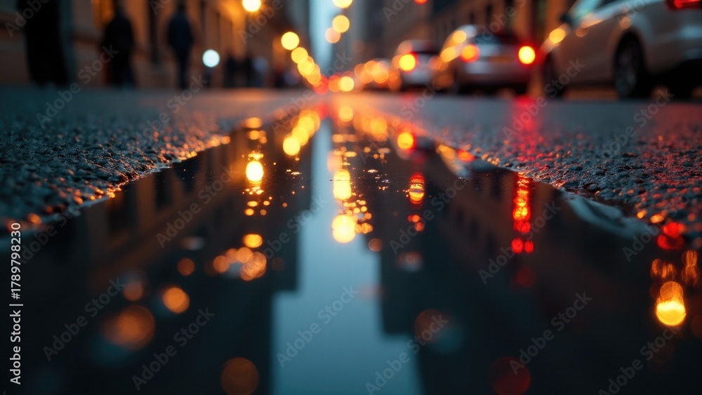 A puddle of water on a city street at night, useful for scenes with nighttime urban settings