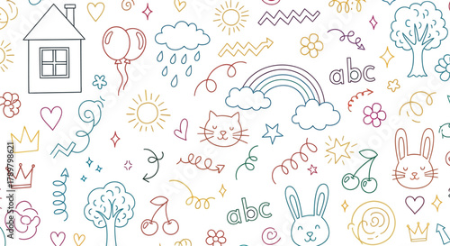 Colorful Hand Drawn House, Balloons, Rainbow, Cat, Rabbit Doodle on White Background