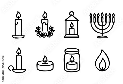 Collection of simple line drawings featuring candles and symbols related to different celebrations. Includes birthday candles, menorah, lantern, and jar candles set against a plain background.