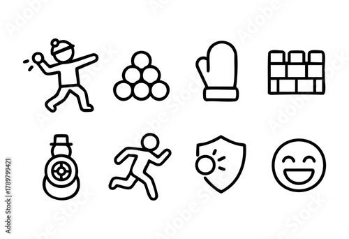 Various icons illustrate winter activities, including a person throwing snowballs, wearing mittens, and building structures. Each symbol captures the joy of seasonal play and excitement.