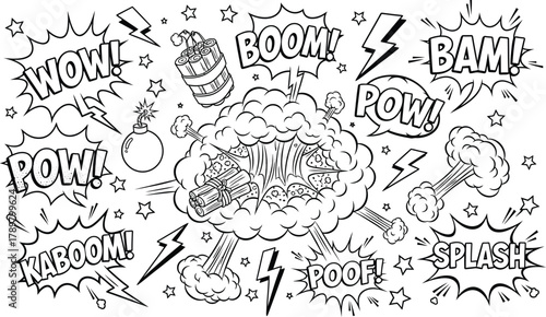 Comic Blast Explosions Cartoon Bomb Cloud Effects with Impactful Soundwords Outlines