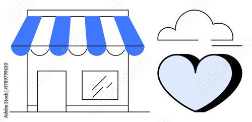 Small storefront with blue-striped awning, window, door. Accompanied by cloud and heart. Ideal for community, support, care, online shopping sustainability small business connection. Simple flat