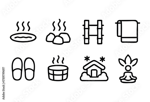 A selection of items representing a calming spa environment. Elements include a warm bath, soothing stones, towels, slippers, and a meditation space for ultimate relaxation.