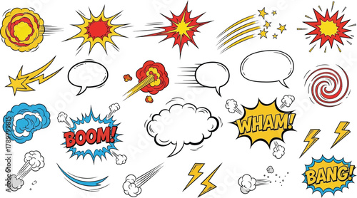 Comic Explosion Bubbles Set Cartoon Burst, Wham, Bang, Boom. on White