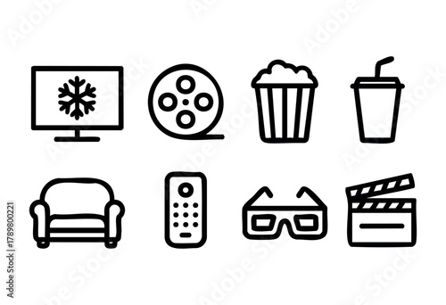 A cozy setup for a movie night features a television, popcorn, drinks, and comfortable seating. Essentials for an enjoyable evening include a remote and 3D glasses.