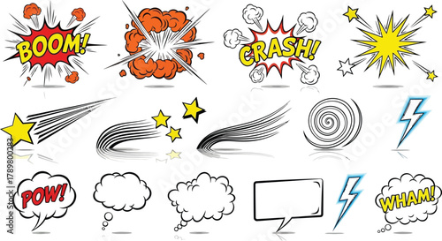 Comic Speech Bubbles and Action Sound Effects Elements on White Background Illustrations