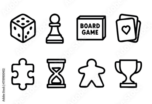 Various board game components are displayed, featuring dice, a pawn, playing cards, and more. This showcases the fun of tabletop gaming and strategic play with friends or family.