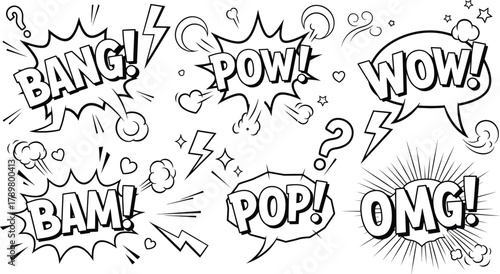 Comic Speech Bubbles Set with Bang, Pow, Wow, Bam, Pop, Omg on White Background