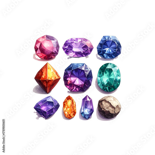 Transparent and separated round diamond set, colorful gemstones on white background