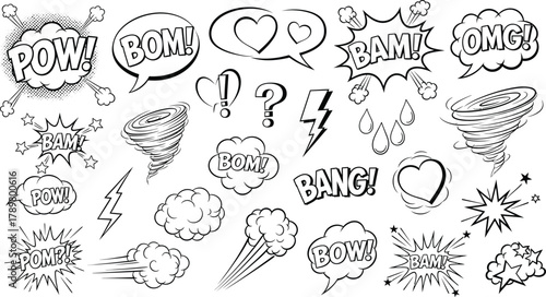 Comic Speech Bubbles Set with Cartoon Words and Design Elements in Line Art