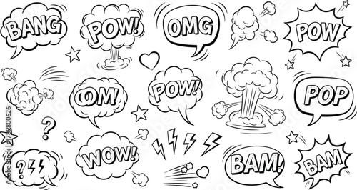 Comic Speech Bubbles with Bang, Pow, OMG, Pop, Wow Words in Black and White Style