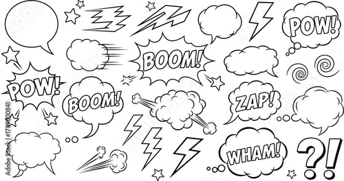 Comic Speech Bubbles with Boom Pow Zap Wham Text, Cartoon Elements on Transparent Background