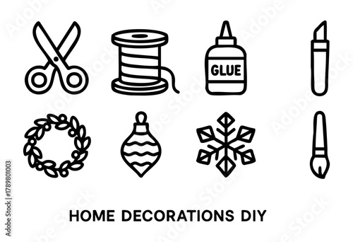 Various crafting tools and materials are shown, including scissors, glue, and a spool of thread. These items can be used for DIY home decorations during festive seasons.
