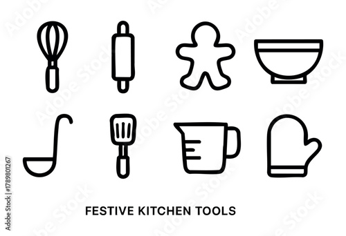 A collection of simple line drawings showcases essential kitchen tools like a whisk, rolling pin, and measuring cup. These items are perfect for preparing festive recipes during holiday celebrations.