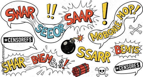 Comic Style Words, Exclamations with Bomb, Dynamite, Skull on a White Background