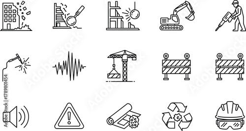 Construction icon set showing demolition welding crane recycling in line drawing