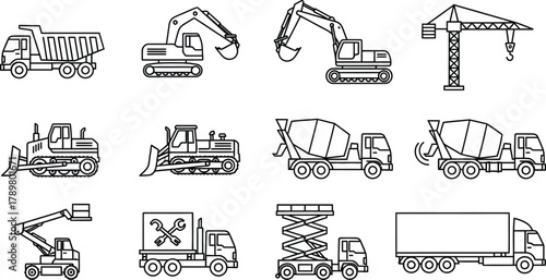 Construction Vehicle Line Icons, Heavy Machinery Outline Drawings on Transparent Background