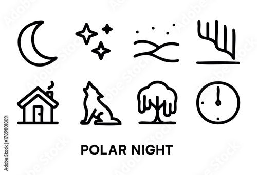 The essence of polar night with a crescent moon, twinkling stars, a cozy cabin, and a wolf. Nature is still and magical, embodying the calm of winter nights in the Arctic.