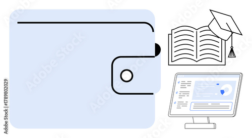 Wallet with button clasp, mortarboard on open book, and desktop computer with data dashboard. Ideal for education, finance, budgeting, e-learning, savings, career growth and simple flat metaphor