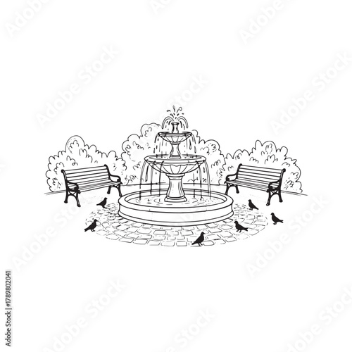 City park scene with fountain and benches. Hand-drawn sketch of a public square with birds. Black and white urban landscape vector illustration.
