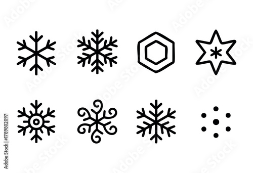 This artwork displays a collection of diverse snowflake designs, each with unique shapes and patterns. The winter-themed symbols are arranged in two rows, showcasing creativity in simple line art.