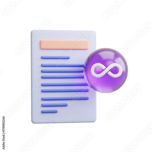 Digital document with infinity symbol representing endless data flow, continuous information management, and unlimited archival storage solutions. isolated on transparent background