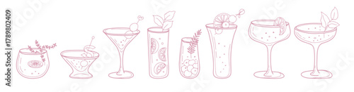 Fun and quirky whimsical cocktail clipart set with simple doodles and light pastel tones for creative projects.