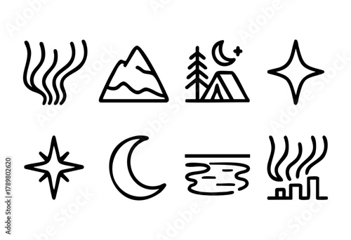 A collection of minimalistic designs featuring mountains, trees, stars, and water. These elements evoke a sense of adventure and connection to nature, appealing to outdoor enthusiasts.