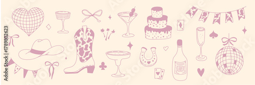 Elegant cowgirl-inspired flatlay with pink tones, disco elements, and playful festive details. Great for fashion, lifestyle, and holiday advertising visuals with a trendy western twist.