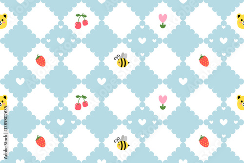 Preppy teddy bear lace geometric seamless pattern in rhombus with hearts. Vector cute cartoon hand drawn vintage illustration. Ideal for textile printing, baby clothes, wallpaper, packaging, scrubbing