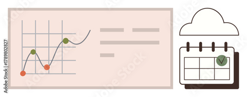 Graph chart with upward trend and data points beside a marked calendar under a cloud. Ideal for analytics, planning, scheduling, productivity, cloud storage, project management, simple flat metaphor